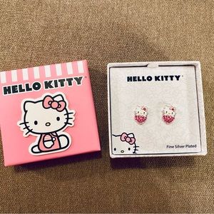 New in Box Hello Kitty Fine Silver Plated Stud Earrings with Pink Heart